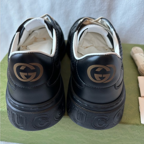 New Gucci Mens Sz 10 Chunky B Black Tennis Calf leather Sneakers ivory gold - Picture 4 of 8